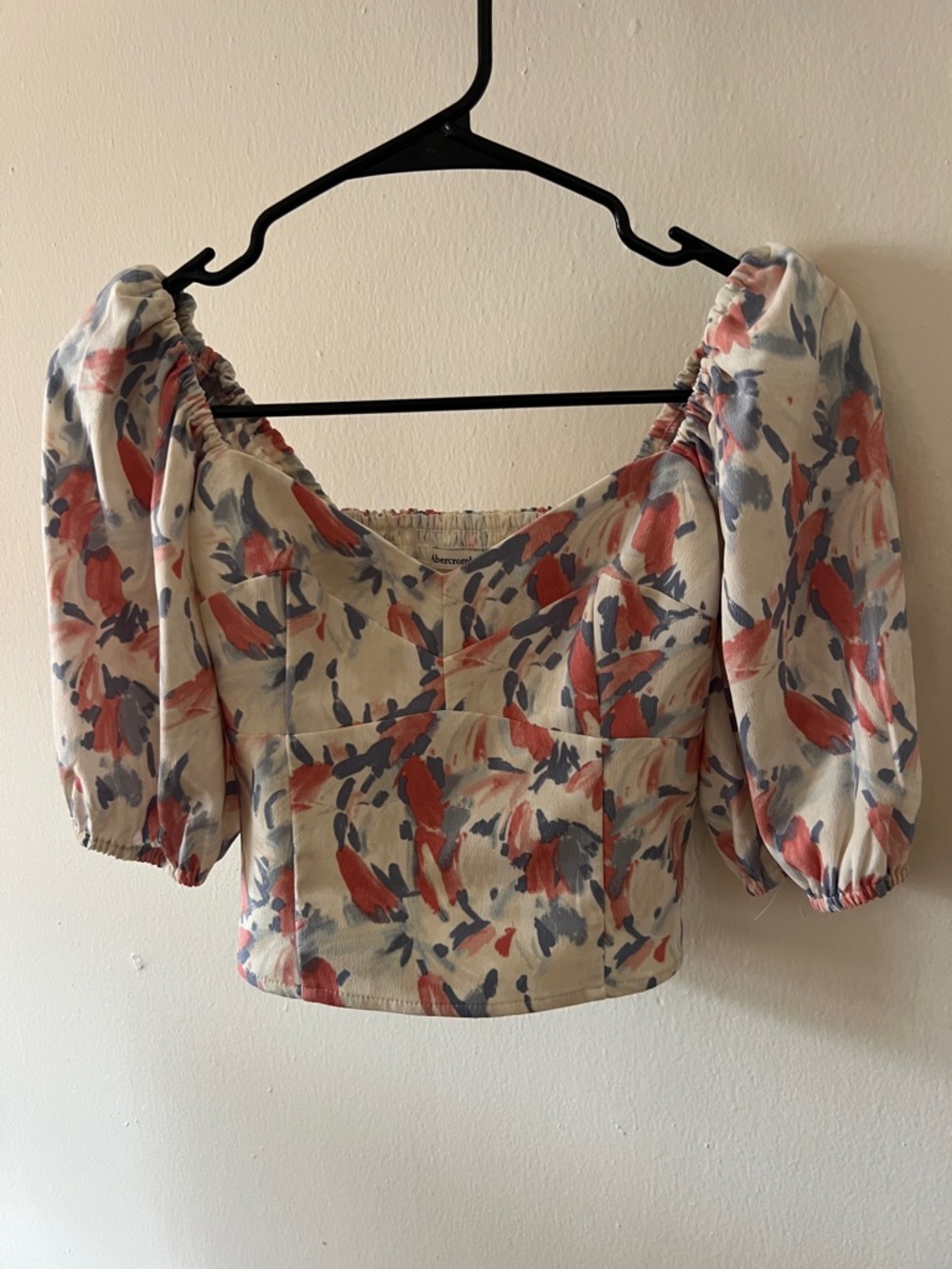 Abercrombie & Fitch Puff Sleeve Square Neck Cropped Top - Cream with Pink & Blue